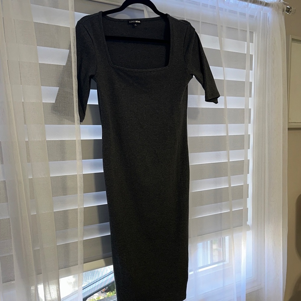 Grey Square-Neck Bodycon Dress